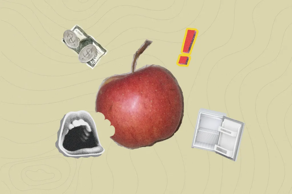 Collage featuring a red apple, an empty refrigerator, money, an open mouth, and an exclamation mark.