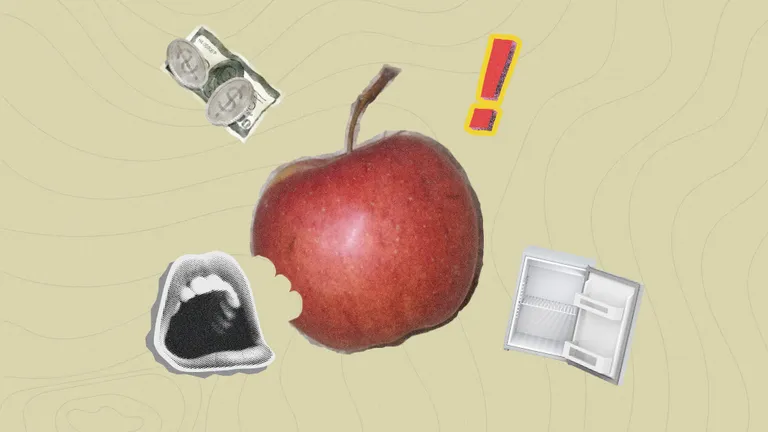 Collage featuring a red apple, an empty refrigerator, money, an open mouth, and an exclamation mark.