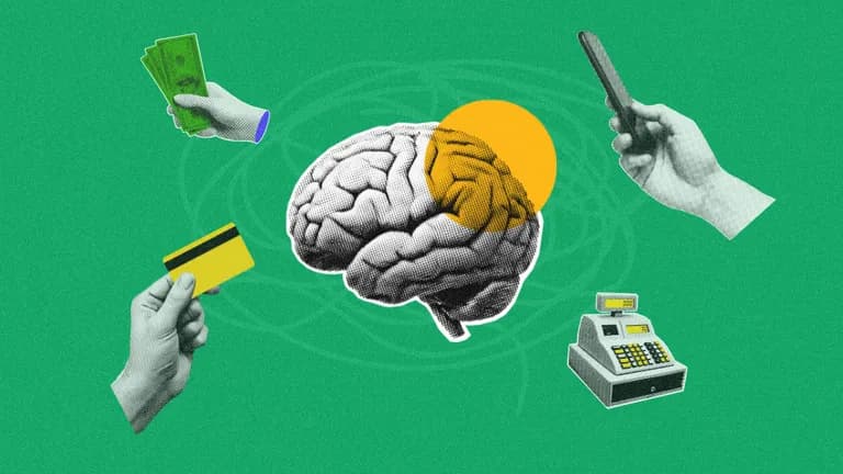 Collage of a brain surrounded by cash, a credit card, a phone, and a cash register