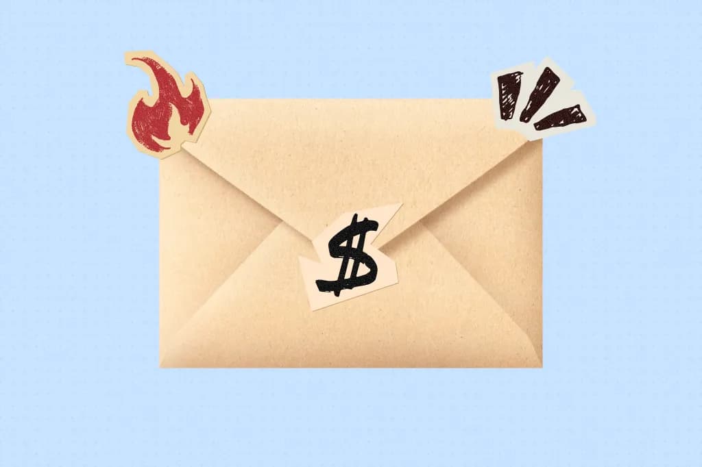 Illustration of an envelope with a dollar sign, flame, and exclamation marks representing salary expenses and spending awareness